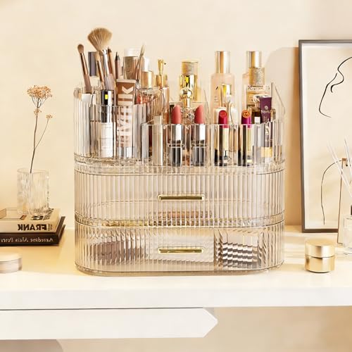 Makeup Organizer with 360 Rotating Brush Holder and Stackable Drawers, Cosmetic Display Case for Vanity, Bathroom Countertop (Clear, 3 Layer) - color: Clear, size: 3 Layer