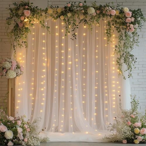 Ivory Tulle Backdrop Curtain with Lights - 10x8ft Sheer Backdrop with 250 LEDs for Wedding, Baby Shower, Bridal Shower, Birthday Party Photo Shoot Background and Home Decorations - color: Ivory, size: 10 x 8 Feet