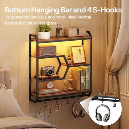 HOOBRO 27.5" Floating Shelf with LED Lights, Gaming LED Wall Mounted Shelf with Hanging Rod & 4 S-Hooks, 4-Tier Hanging Display Rack, for Living Room, Gaming Room, Rustic Brown and Black BF71DBJ01 - color: Rustic Brown + Black