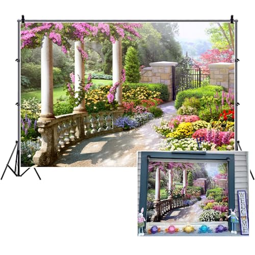 6x4ft Spring Beautiful Garden Photography Backdrop Vintage Garden Architecture Pillars Blooming Flowers Background Outdoor Wedding Portraits Photo Studio Props Wallpaper - size: 6x4ft