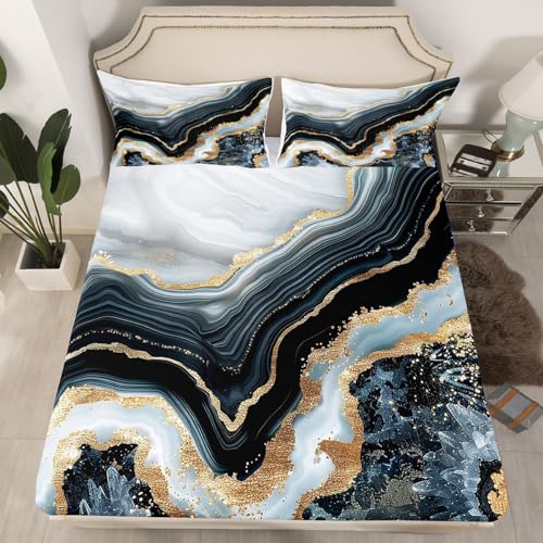 Erosebridal Black White Marble Bed Sheets, Gold Glitter Marbling Fitted Sheet Queen for Teens Adult Women Bedroom, Liquid Quicksand Fluid Bedding Set Grey Stone Pattern Bed Cover Marble Decor - color: Black Gold Grey, size: Queen