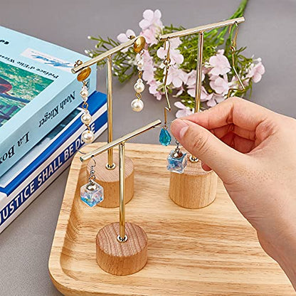 FINGERINSPIRE Gold Metal 3 Pcs T Bar Earring Display Stand with Wooden Base Jewelry Holders Hanging Jewelry Organizer for Store Retail Photography Props【Gold- Round Base, 6.3&5.5&4.6 Inch Height】 - color: Gold- Wood Round Base, 6.3&5.5&4.6 Inch Height