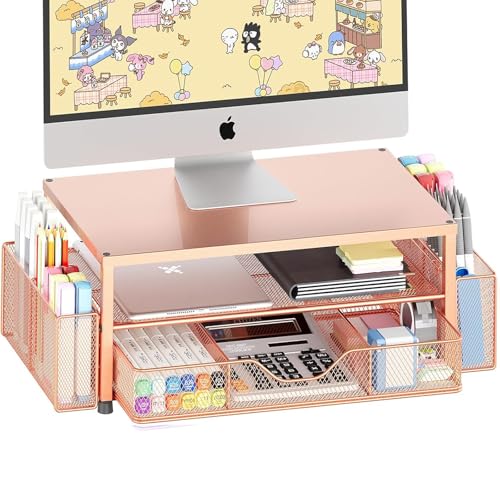 OPNICE Desk Organizers and Accessories, 2-Tier Computer Monitor Stand with Drawer and 2 Pen Holders, Laptop Stand, Office Desk Accessories for Office Supplies, Rose Gold - color: Rose Gold 1-Pack