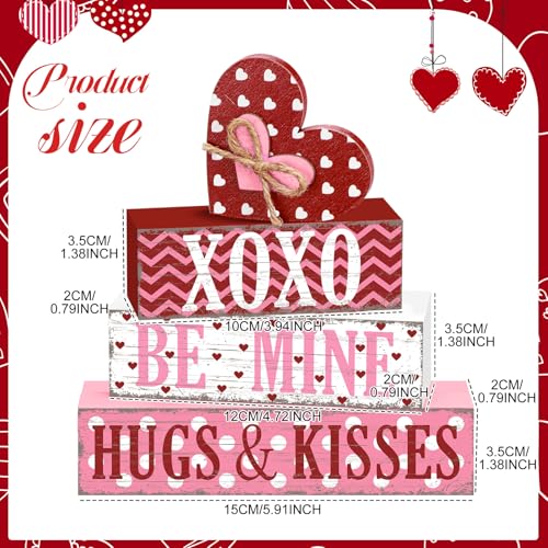 GlikCeil 4 Pcs Valentine's Day Table Sign Tiered Tray Decor Valentine's Day Heart Table Wood Block Decorations Centerpieces Farmhouse Rustic Be Mine Hug Kisses Decor for Home Office Desk Shelf Decors - style: Heart