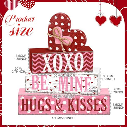 GlikCeil 4 Pcs Valentine's Day Table Sign Tiered Tray Decor Valentine's Day Heart Table Wood Block Decorations Centerpieces Farmhouse Rustic Be Mine Hug Kisses Decor for Home Office Desk Shelf Decors - style: Heart