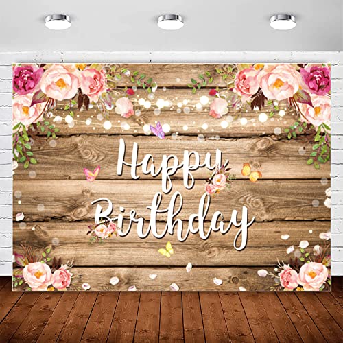 Pink Floral Happy Birthday Backdrop for Women Rustic Wood Birthday Photography Background Watercolor Butterfly Flower Backdrops Adult Girl Sweet Bday Party Decorations Cake Table Banner Supplies 5x3ft - size: 5x3ft