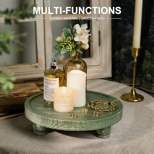 EOSAHR Farmhouse Pine Wood Riser for Home Decor – Round Pedestal Stand for Coffee Table & Kitchen Sink – Stylish Display Stand for Dish Soap Dispenser, Candles, Plants and Cupcakes (Green) - color: Green