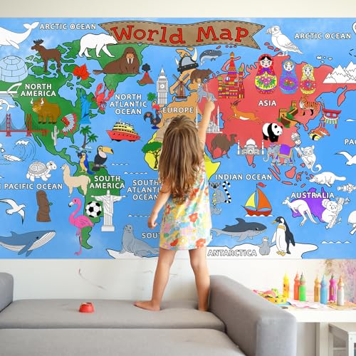 Gatherfun World Map Giant Coloring Poster - 31.5x 72 Inches - Versatile Classroom Wall Décor & Birthday Activity - World Map Poster or Table Cover for School Parties and Special Events - style: MAP