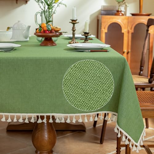 AmHoo Linen Blend Tablecloth Table Cloth 280 GSM Stitching Tassel Rectangle Decorative Natural Table Cover for Kitchen Dinning Wedding Buffet 55×86 inch Tendril Green - color: Tendril Green, size: 55×86 inch