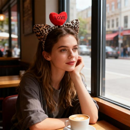 Valentine’s Day Headband Leopard Print Cat Ear Hairband Hair Accessories Gift for Date Candlelit Dinner Party Supplies - color: Red