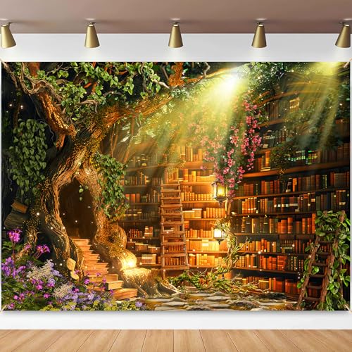 Fairy Tale Library Backdrop for Photography,Woodland Bookshelf Enchanted Magic Storybook Photo Background,7x5ft Child Birthday Party Decoration Banner Portrait Studio Props - size: 7X5ft