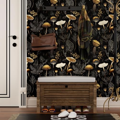 Laatse Boho Wallpaper Peel and Stick Dark Floral Contact Paper 17.5" x 118" Vinyl Self Adhesive Vintage Mushrooms Wall Mural Leaf Wall Paper for Room Countertop Drawer Decor(Golden,Black) - color: Black Gold, size: 17.5" x 118"