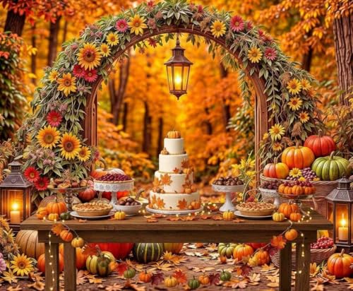 20x10ft Fall Thanksgiving Photography Backdrop Autumn Pumpkin Harvest Forest Arch Background with Sunflowers, Maple Leaves & Lanterns for Family Photoshoot, Photo Booth Props & Party Decorations - color: Fall02, size: 20x10ft