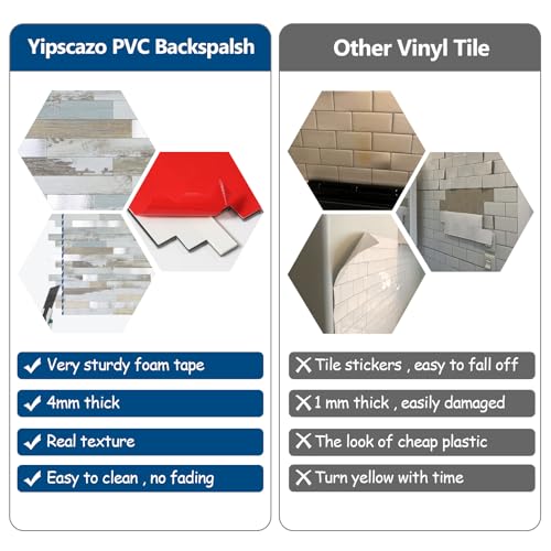 Yipscazo 10 Sheets Peel and Stick Stone Metal Tile Backsplash, Stick on Tiles for Backsplash Kitchen, Bathroom, Laundry Room, Camper, Fireplace (12'' X 12'', White Wood with Metal) - color: White Wood With Metal