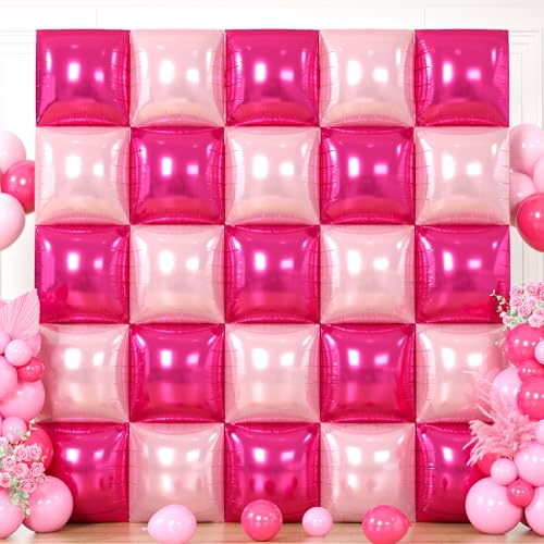 HILAVO Hot Pink Square Foil Balloon Wall, 25 PCS Double Sided Balloons Flat Hot Magenta Pink Square Balloon Backdrop for Mothers Day Graduation Bachelorette Summer Birthday Party Decoration - color: Hot Pink