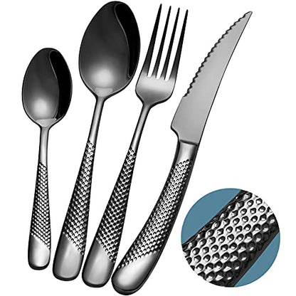 16-Piece Modern Black Hammered Silverware Set with Ultra Sharp 2-IN-1 Serrated Knives, 18/10 Stainless Steel Flatware Set, Titanium Plated Cutlery Set Service for 4, Dishwasher Safe - color: Black