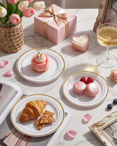 bUCLA 100Pieces Gold Plastic Plates - 6.25inch White with Gold Rim Disposable Salad/Dessert/Appetizer/Small Cake Plates Premium Hard - Ideal for Wedding, Party - color: 6.25Inch-100pcs-Gold