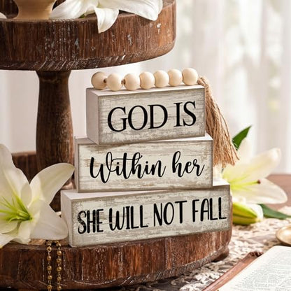 Lineshading 4 Pcs Christian Table Decor Rustic Wooden Block Sign Set with God Is Within Her She Will Not Fall Farmhouse Stacked Decor with Beaded Garland Tassel Christian Home Decors for Office, Shelf - style: Bead