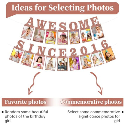 Pre-strung Awesome Since 2016 Photo Banner Birthday Decorations for Girls Women- Pink Rose Gold Glitter Happy 10th Birthday and Anniversary Decorations Party Supplies - style: Pink Rose Gold 10th