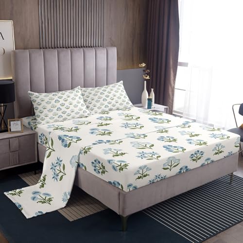 Castle Fairy Cute Flowers Sheet Set Queen Size,Blue Beige Floral Bedding Sets for Kids Girls Woman Teens Room Decor,Vintage Style Garden Floral Fitted + Flat Sheet,2 Pillowcases - color: Beige Blue, size: QUEEN (W60*L80*H16")