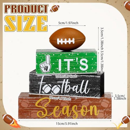 Geelin 4 Pcs Football Table Decorations Football Tiered Tray Decor Wooden Sign Centerpiece Decorative Faux Stack Book Block for Coffee Table Fireplace Mantel Floating Shelf - style: Football