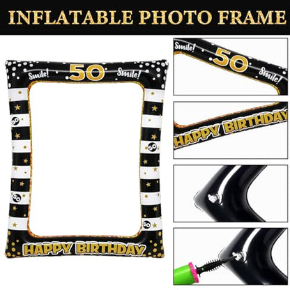 50th Birthday Photo Booth Props, Black Gold Inflatable Photo Booth Frame, 30PCS Photo Booth Props, for Party Selfie Party Decorations and Gifts - size: 50th Birthday Inflatable Frame