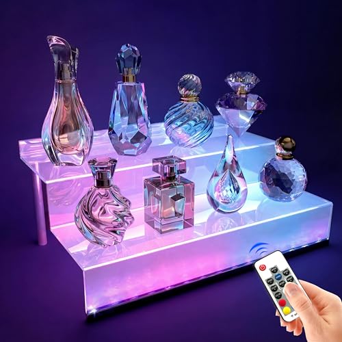 YMVV 12 Inch Acrylic Shelf for Perfume Organizer with LED Light, Large 2 Tier Cologne Organizer Tiered Riser Display Stand,Acrylic Display for Decoration and Organizer, Clear - color: LED+Clear+12IN+2 Tier