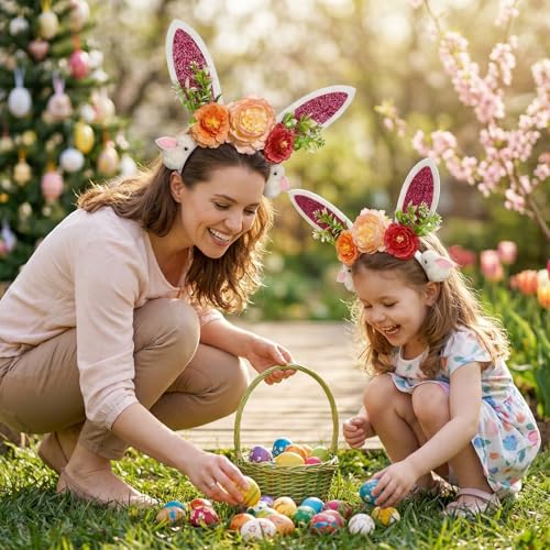 Easter Bunny Ear Headband with Floral Decorations, Glitter Rabbit Ears Hair Hoop for Women and Girls, Spring Party Hair Accessories for Photo Props,Cosplay - color: Rose Red