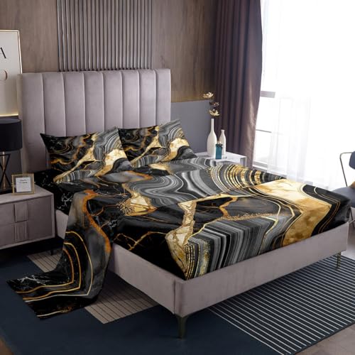 Erosebridal Black Marble Bed Sheets Set Full, Gold Crack Sheet Set for Adults Men Women, Abstract Metallic Texture Sheets, Luxury Shinny Bedroom Decor Boho Hippie Fluid Deep Pocket Top Sheet - color: Multi 01, size: Full