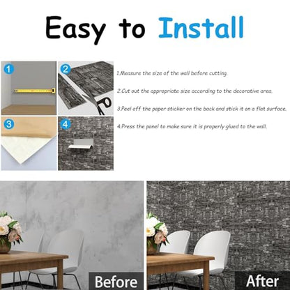 3D Wall Panels Peel and Stick in Black Grey Stone, 10 PCS XPE Foam 3D Wallpaper, Textured Faux Brick Wall Panels for Bedroom, Stairs, Kitchen - color: Black Rock, size: 10PCS