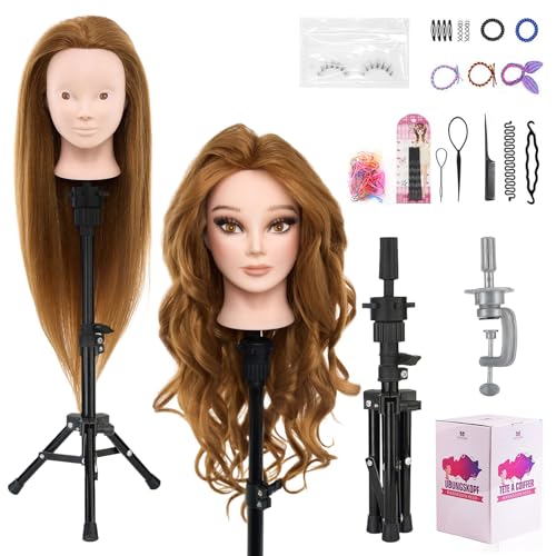 Mannequin Head with 80% Real Human Hair with Tripod Stand - 28" Makeup Cosmetology Manikin Doll Head for Hair Styling, Hairdressing Training Head for Braiding Practice Suitable for Hair Extensions - color: Brown &Tripod Set