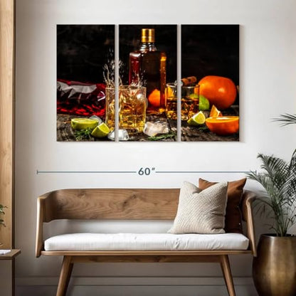 ElephantStock - Citrus Whiskey And Cigar Wall Art - Horizontal Multi Panel Canvas - 3 Piece Living Room Wall Decor - Photography Food And Drink Multi Piece Wall Art - Brown And Gray Decor - 50" x 32" - size: 50L" x 32W"