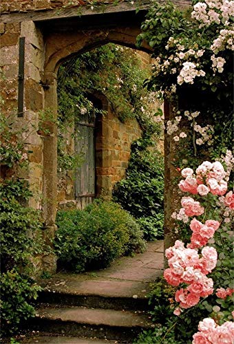 AOFOTO 7x9ft Vintage Garden Flowers Backdrop Blossoms Photography Background Medieval Castle Shabby Brick House Girl Adult Artistic Portrait Travel Photo Shoot Studio Props Video Drop Wallpaper Drape - size: 7x9ft