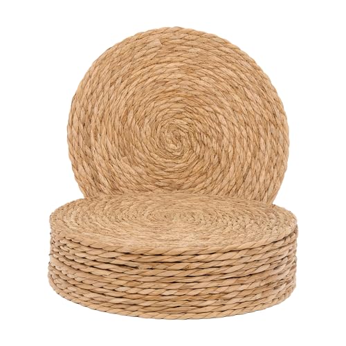 GENMOUS Woven Placemats Set of 12, 13" Round Placemats Natural Water Hyacinth Boho Placemats,Farmhouse Rattan Chargers for Dinner Plates,Rustic Braided Wicker Table Mats for Dining Table,Home,Wedding - size: 13inch, Set of 12