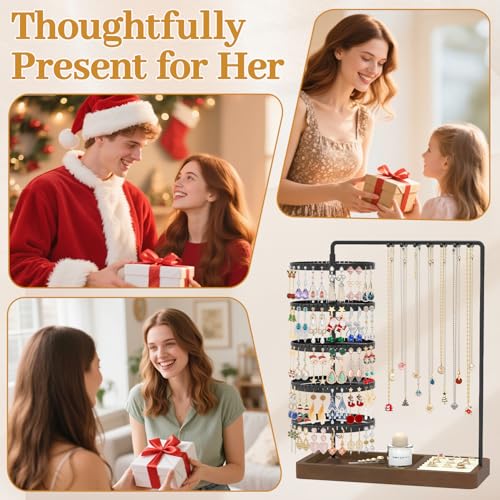 MODOWEY Earring Holder Organizer Jewelry Stand, 285 U-Slots Adjustable Rotating Earring Tree Rack, 14 Hooks Tall Necklace Display for Women, 5 Tier Compact Large Capacity Tower with Ring Tray, Black - color: Black-Brown