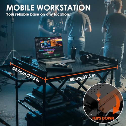 TARION Video Production Camera Cart - Foldable Photography Dolly with Inflatable Rubber Wheels and Wider Top Shelf - Heavy Duty Mobile Workstation with Storage Bins for Film Crew - Titanrig Cart Pro - style: Titanrig Cart - Pro