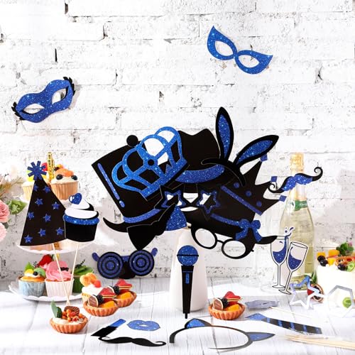 Zonon 24 Pcs Funny Photo Booth Props Class of 2026 Graduation Birthday Wedding Family Class Reunion Prom Disco Party Celebration Decoration Supplies Mix of Hats, Lipstick, Tie(Blue and Black) - color: Blue and Black