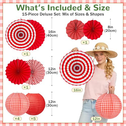 15 Pcs Red Gingham Party Decorations, 12 Inch Hanging Paper Lanterns and Fans for Picnic, BBQ, Pizza Party, Crawfish Boil, Birthday, Baby Shower, Graduation