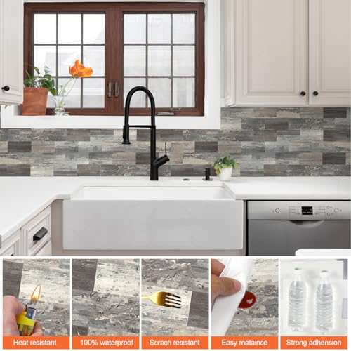 20 Sheets Wood Grain PVC Subway Tiles Peel and Stick Backsplash,12''Heat Resistant Stick on Tiles for Kitchen,Waterproof Peel and Stick Wall Tiles for Bathrrom - color: Mix Wood Grain