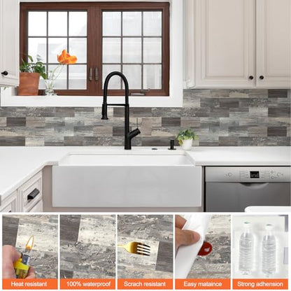 20 Sheets Wood Grain PVC Subway Tiles Peel and Stick Backsplash,12''Heat Resistant Stick on Tiles for Kitchen,Waterproof Peel and Stick Wall Tiles for Bathrrom - color: Mix Wood Grain