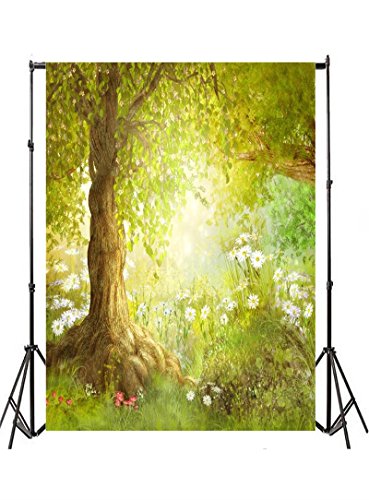 AOFOTO 3x5ft Enchanted Forest Photography Backdrop Spring Meadow Landscape with Daisies Flowers Sunlit Tree Background Nature Wildflowers Garden Scene Fairy Tale Theme Kids Baby Photo Shoot Props - size: 3x5ft
