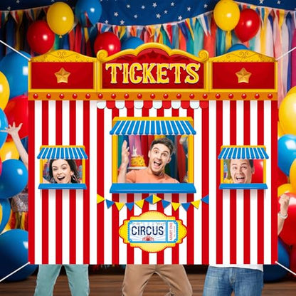 Panelee Carnival Circus Theme Photo Booth Props Life Size Ticket Backdrop Door Banner Decorations Fabric Background for Carnival Birthday Game Supplies Circus Theme Party Decorations - style: Retro