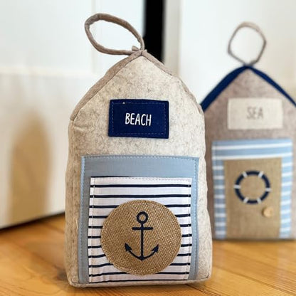Coastal Cabana Soft Door Stops, Jute, Cotton, Loop Tops, Weighted, 11.75 Inches, House Shaped with Anchor and Lifesaver Fabric Embellishments - color: Coastal Cabana Soft Door Stops, Blue and Beige