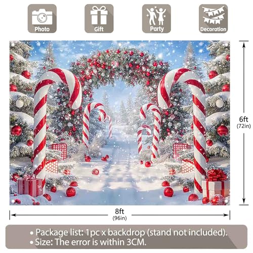 Fabric 8x6ft Merry Christmas Cane Candy Photography Backdrop Winter Snow Scene Xmas Tree Background New Year Eve Party Decoration Holiday Photo Banner Props - size: 8'x6'