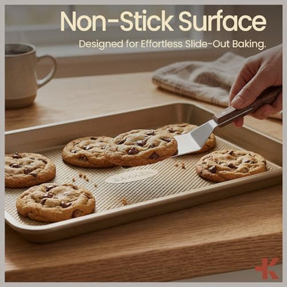 Diamond Bottom Cookie Sheet Set of 2, Nonstick Gold Carbon Steel Baking Pans for Crisp Baking, Space-Saving Stackable Trays, PFOA, PFOS, PTFE Free, Oven Safe Up to 450°F, Small & Medium Pans - color: Gold, size: Pack of 2