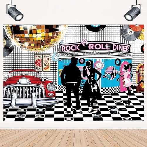 Rock & Roll Diner Photo Backdrop - 50s Retro Style Dance Party Decor - Classic Car Banner, 6x4FT - size: 6X4FT