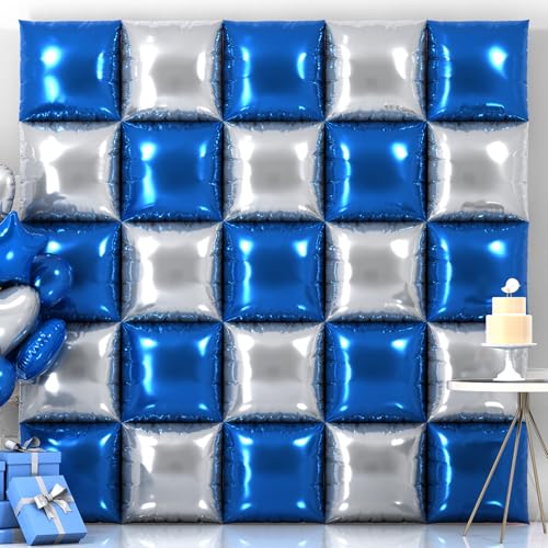 25PCS Silver Dark Blue Square Foil Balloon Wall Backdrop Double Sided Silver and Dark Blue Double ided Balloon Tunnel Kit for Birthday Party Graduation Wedding Gender Reveal Decorations - color: Silver+dark Blue