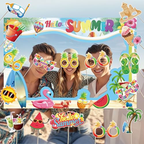 Hello Summer Photo Booth Props - Hello Summer Party Decorations for Tropical Hawaiian Theme Summer Beach Party Photo Booth Props