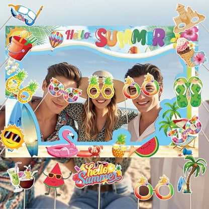 Hello Summer Photo Booth Props - Hello Summer Party Decorations for Tropical Hawaiian Theme Summer Beach Party Photo Booth Props