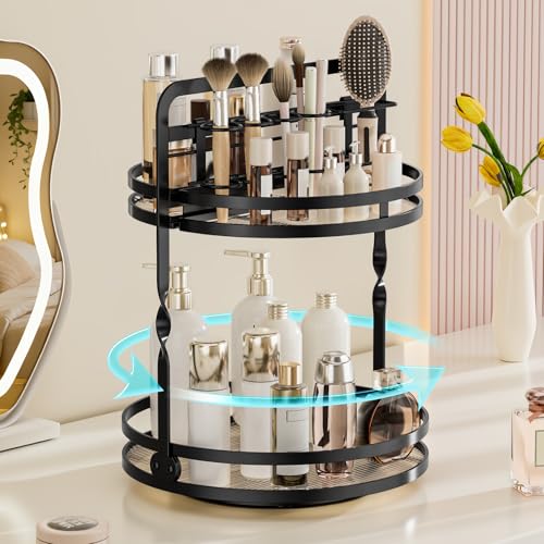 Rotating Makeup Vanity Organizer, 360 Spinning Perfume Organizer for Dresser, 2 Tier Bathroom Countertop Organizer, Black Lazy Susan Skincare Storage, Cosmetic Display Case with Brush Holder - color: Upgraded -Black